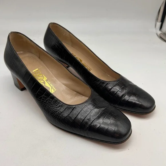 Salvatore Ferragamo Black Croc Leather Block Heel Pump Square Toe Italy Size 7.5 - Picture 2 of 10